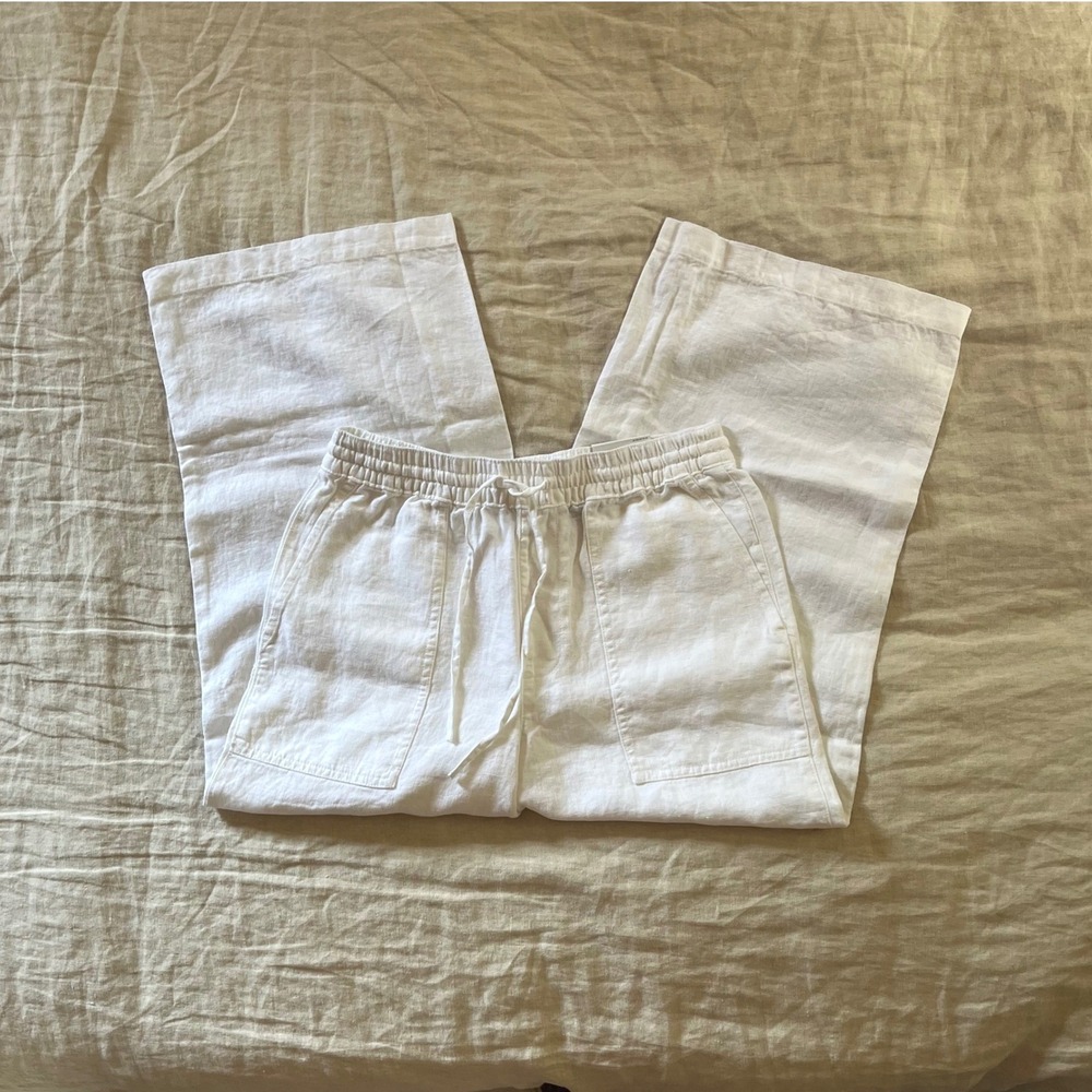 NWT Lands End Linen Pants Womens XS White High-Rise Drawstring Wide Leg Crop